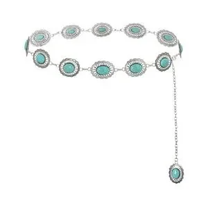 Turquoise Metal Skinny Belt Chain Women Silver Metal Chain Skinny Belt Turquoise Blue Ethnic  main image 4